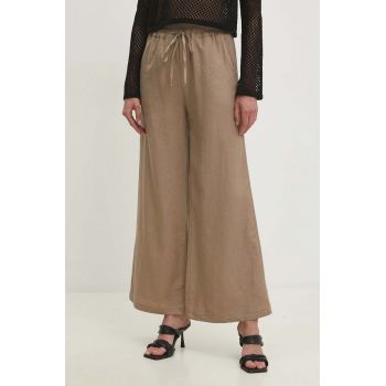 Answear Lab pantaloni din in culoarea bej, lat, high waist