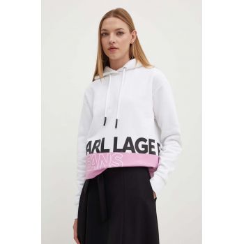 Karl Lagerfeld Jeans bluza femei, culoarea alb, cu glugă, cu imprimeu, 245J1803