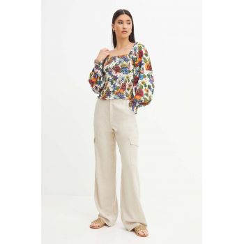 Medicine pantaloni din in femei, culoarea bej, lat, high waist