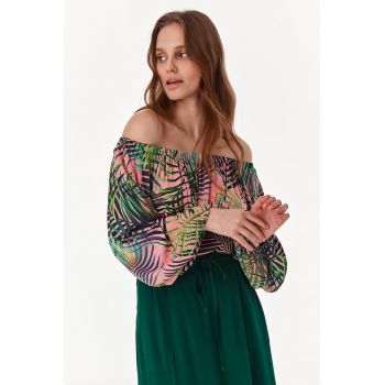 Bluza cu decolteu pe umeri si model tropical Indonezja