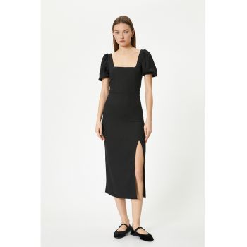 Rochie midi cu decolteu patrat si slit frontal