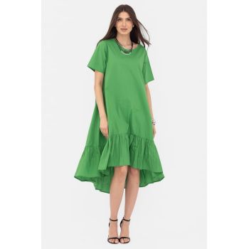 Rochie A-line din poplin, asimetrica, cu volan la baza, verde