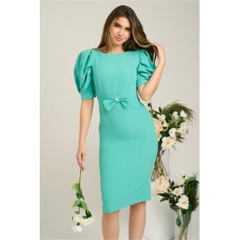 Rochie pffice din stofa verde mint cu funda in talie