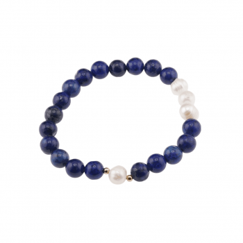 Bratara lapis lazuli si perle de cultura sfere cu elemente aurii pe elastic 8mm