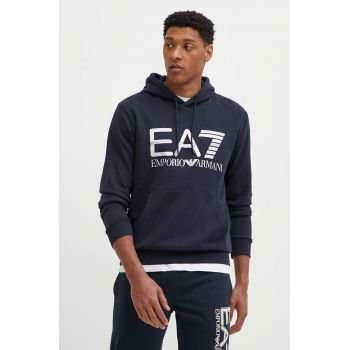 EA7 Emporio Armani hanorac de bumbac barbati, culoarea albastru marin, cu glugă, cu imprimeu, PJSHZ.6DPM16