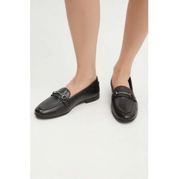 Medicine mocasini de piele femei, culoarea negru, cu toc plat