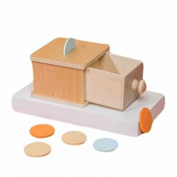 Jucarie Montessori Cutia Permanentei cu Sertar si Discuri Colorate din Lemn Pastel