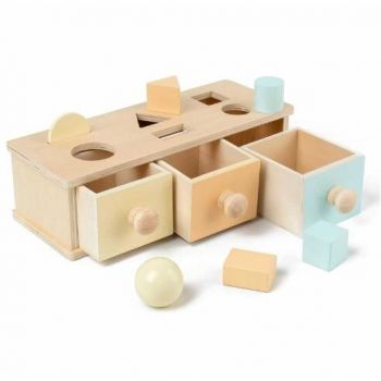 Jucarie Montessori Cutia permanentei cu Sortator de Forme Geometrice si 3 Sertare din Lemn Pastel