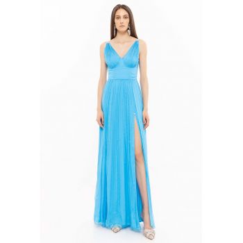 Rochie maxi de matase cu slit lateral