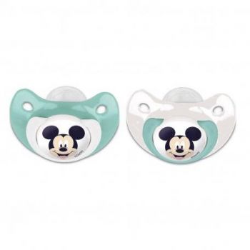 Set 2 Suzete Ortodontice DISNEY Baby Mickey Mouse din Silicon cu Capac de Protectie 6Luni+ Alb/Albastru