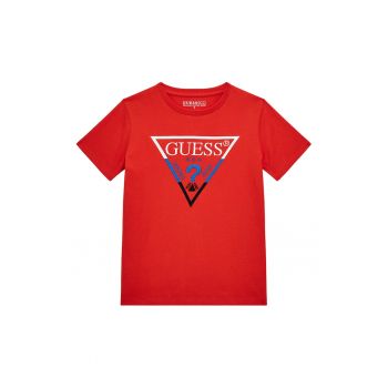 GUESS - Tricou cu logo brodat si decolteu la baza gatului