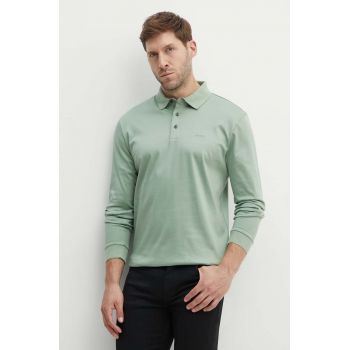 BOSS longsleeve din bumbac culoarea verde, neted