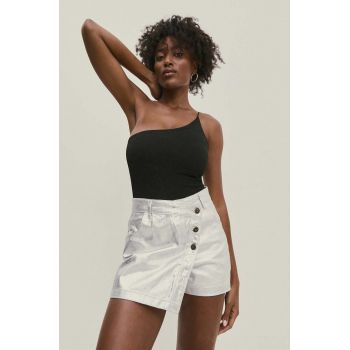 Answear Lab fustă și pantaloni denim culoarea argintiu, neted, high waist