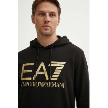 EA7 Emporio Armani hanorac de bumbac barbati, culoarea negru, cu glugă, cu imprimeu, PJSHZ.6DPM16