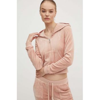 Juicy Couture bluză din velur HERITAGE ROBYN HOODIE culoarea bej, cu glugă, neted, JCSEBJ007