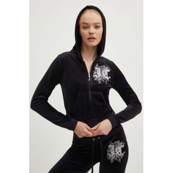 Juicy Couture bluză din velur RENAISSANCE ROBYN HOODIE culoarea negru, cu glugă, cu imprimeu, JCGAS224001