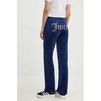 Juicy Couture pantaloni de trening din velur TINA TRACKPANTS culoarea albastru marin, cu imprimeu, JCAPW045