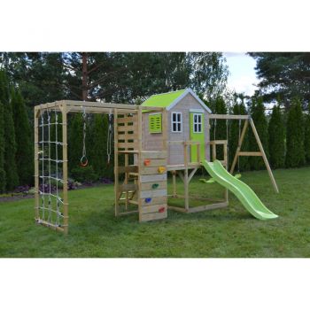 Casuta de gradina Lime Lodge cu tobogan, leagan dublu, modul sport si bucatarie Wendi Toys