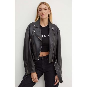 Weekend Max Mara geaca ramones de piele femei, culoarea negru, de tranzitie, oversize, 2425446041600