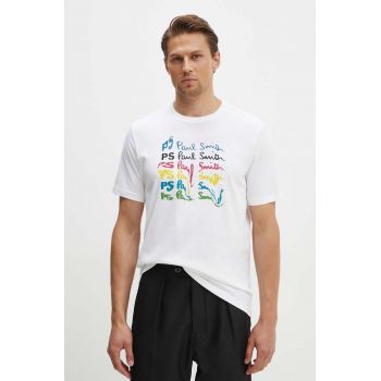 PS Paul Smith tricou din bumbac barbati, culoarea alb, cu imprimeu, M2R.011R.NP4697