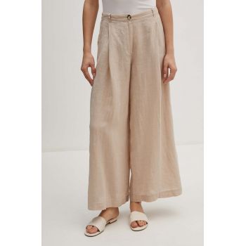 Sisley pantaloni din in culoarea bej, drept, high waist, 41I4LF04E