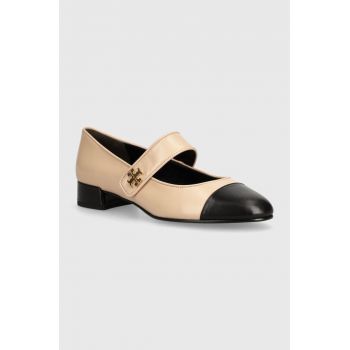 Tory Burch pantofi de piele Mary Jane Heel Ballet culoarea bej, cu toc drept, 160312-650