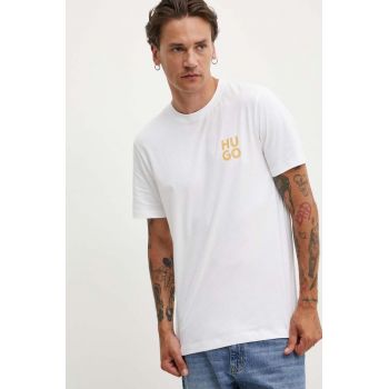 HUGO tricou din bumbac barbati, culoarea alb, cu imprimeu, 50522434