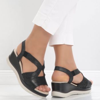 Sandale dama cu platforma Negre din Piele Ecologica Yura ieftine