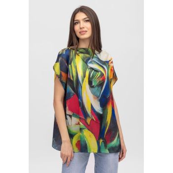 Bluza de vara tip poncho din matase cu imprimeu abstract