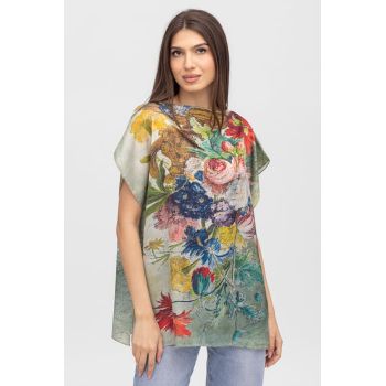 Bluza de vara tip poncho din matase cu imprimeu floral