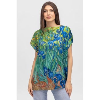 Bluza de vara tip poncho din matase cu reproducere dupa Irisi de Van Gogh