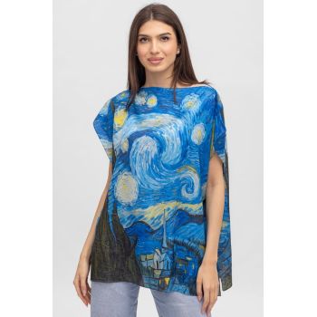 Bluza de vara tip poncho din matase cu reproducere dupa Noaptea Instelata de Van Gogh