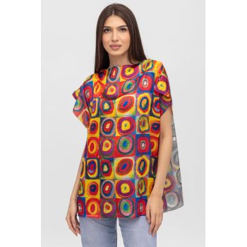 Bluza de vara tip poncho din matase cu reproducere dupa pictura lui Kandinski, cercuri mari