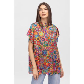 Bluza de vara tip poncho din matase cu reproducere dupa pictura lui Kandinski, cercuri mici