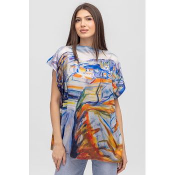 Bluza de vara tip poncho din matase imprimata cu reproducere dupa picturi celebre