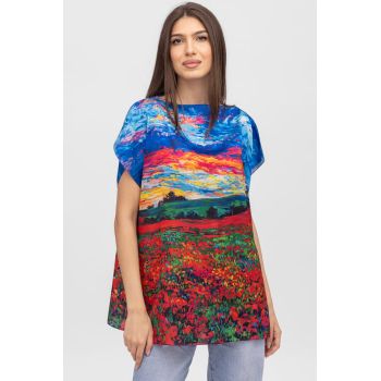 Bluza de vara tip poncho din matase imprimata cu reproduceri dupa picturi celebre cu motive florale