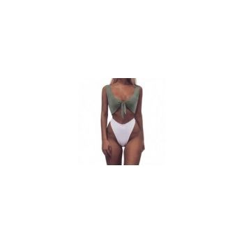 Costum de Baie, Zamo, Bikini Brazilian Complet, Janeiro, Talie Inalta, Sutien Verde, Slip Alb, Marimea M