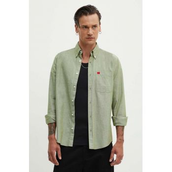 HUGO camasa din bumbac barbati, culoarea verde, cu guler button-down, slim