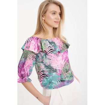 Bluza cu imprimeu tropical si volane