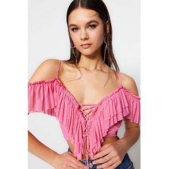 Bluza crop cu volane cu tul