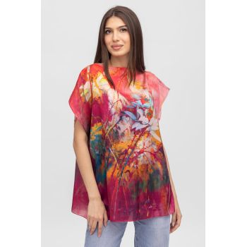 Bluza de vara tip poncho din matase cu imprimeu abstract