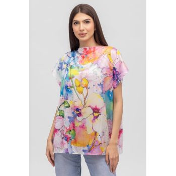 Bluza de vara tip poncho din matase cu imprimeu aquarela floral