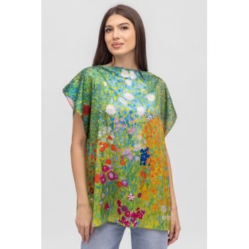 Bluza de vara tip poncho din matase cu imprimeu camp cu maci