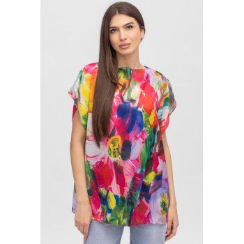 Bluza de vara tip poncho din matase cu imprimeu floral pensulat