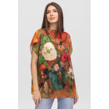 Bluza de vara tip poncho din matase cu imprimeu floral pictural