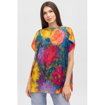 Bluza de vara tip poncho din matase cu imprimeu flori mari