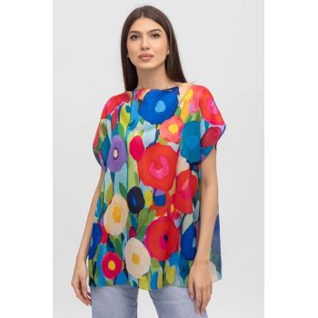 Bluza de vara tip poncho din matase cu imprimeu flori picturale