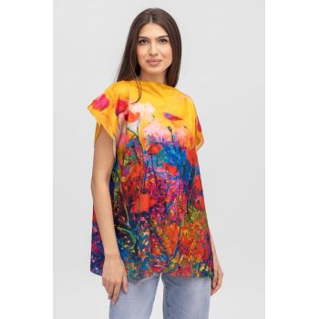 Bluza de vara tip poncho din matase cu imprimeu maci rosii