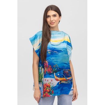 Bluza de vara tip poncho din matase cu imprimeu marin cu barca