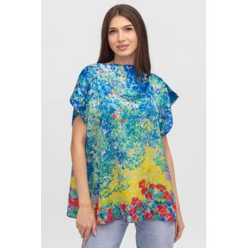 Bluza de vara tip poncho din matase cu imprimeu pictural